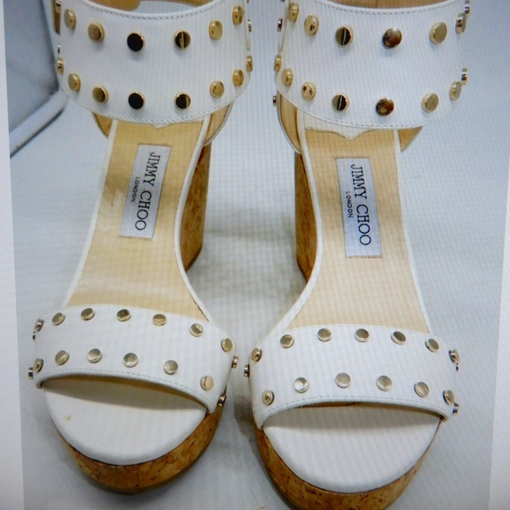 JIMMY CHOO ivory leather studded NELLY cork wedge sandal $695 worn once 38
